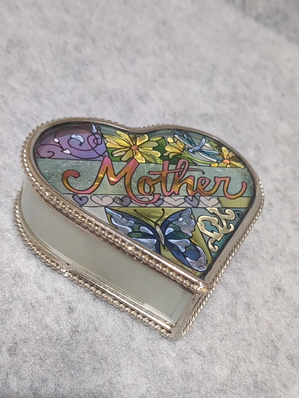 Amia Heart Shaped "Mother" Jewelry Trinket Box Hinged Hand Painted Stained Glass - Picture 1 of 9